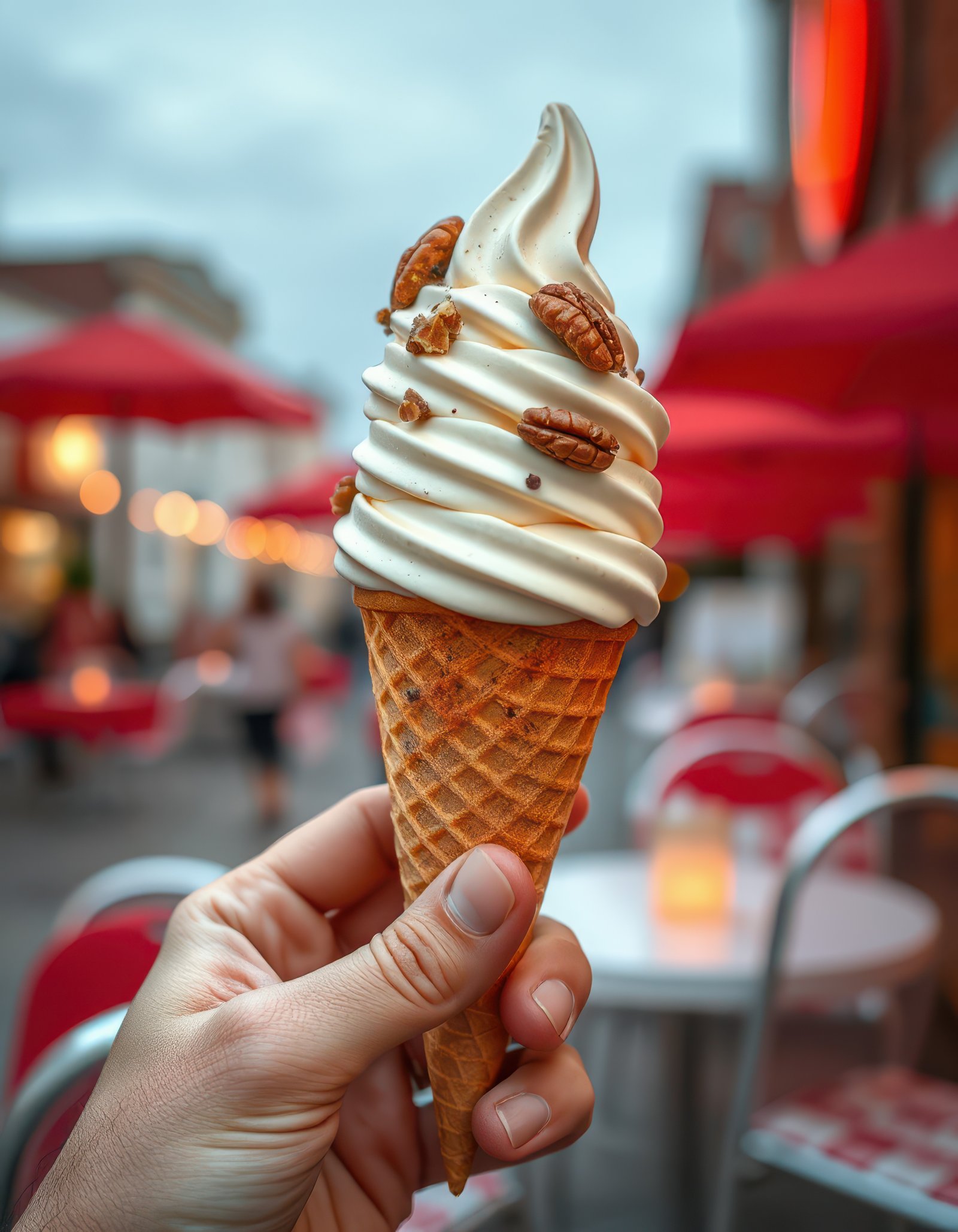 Enjoying a delicious soft serve ice cream cone topped with nuts at an outdoor cafe on a cloudy day